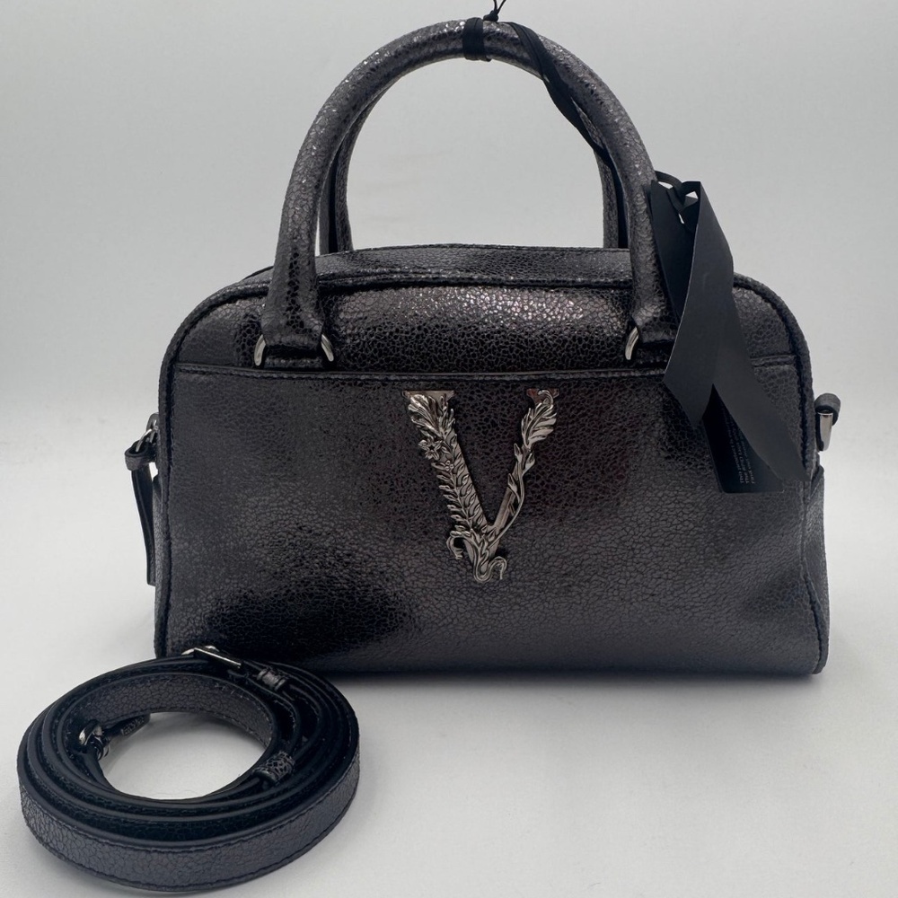 VERSACE Metallic Calfskin Virtus Small Bowling Bag Grey